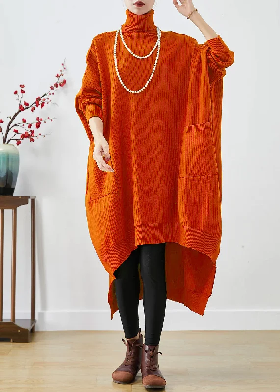 Women's Fashionable Clothing Sets Feminine Allure Orange Oversized Knit Sweater Dress Turtle Neck Asymmetrical Batwing Sleeve