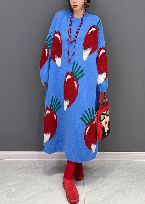 Comfortable Women's Clothes Special Occasion Wear Plus Size Blue O Neck Strawberry Jacquard Long Knit Dress Winter