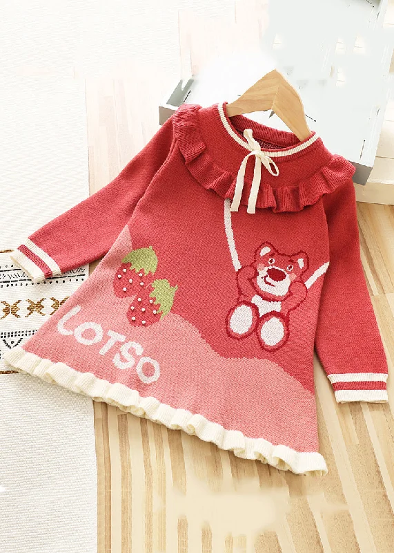 Women's Contemporary Clothing Romantic Flair New Red Ruffled Lace Up Knit Kids Sweater Dresses Fall