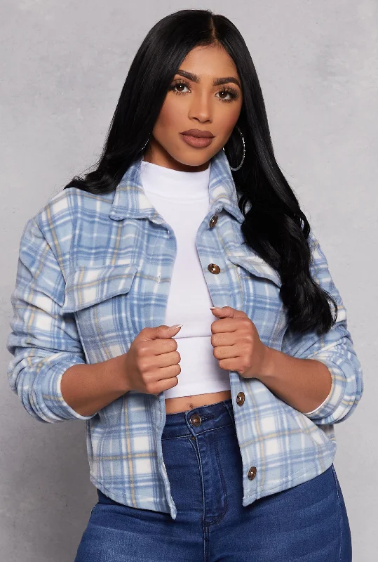 Fashionable Women's Casual Apparel Mid - Season Sale Fleece Plaid Button Front Shacket