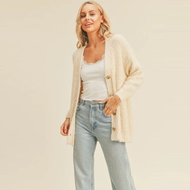 Women's Comfortable Apparel Celebrate With Big Savings Mohair Blend Knit Cardigan (Cream)