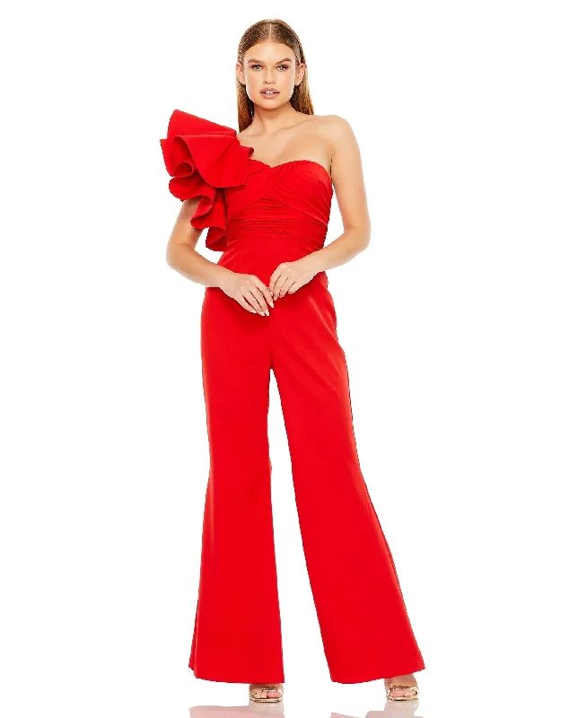 Women's Elegant Evening Attire Casual Chic One Shoulder Ruffle Detail Flare Pant Jumpsuit