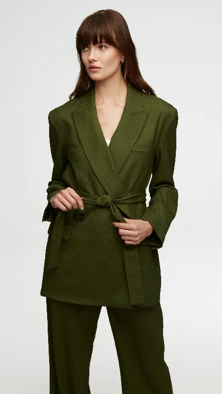 Women's Clothing And Garments Sets Fashion Sale Belted Blazer in Seasonless Wool | Olive