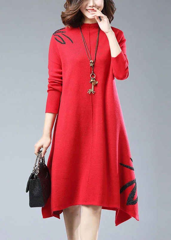 Fashionable Women's Outfit Vintage Retro Party Wear New Red Embroideried Side Open Patchwork Woolen Knitwear Dress Long Sleeve