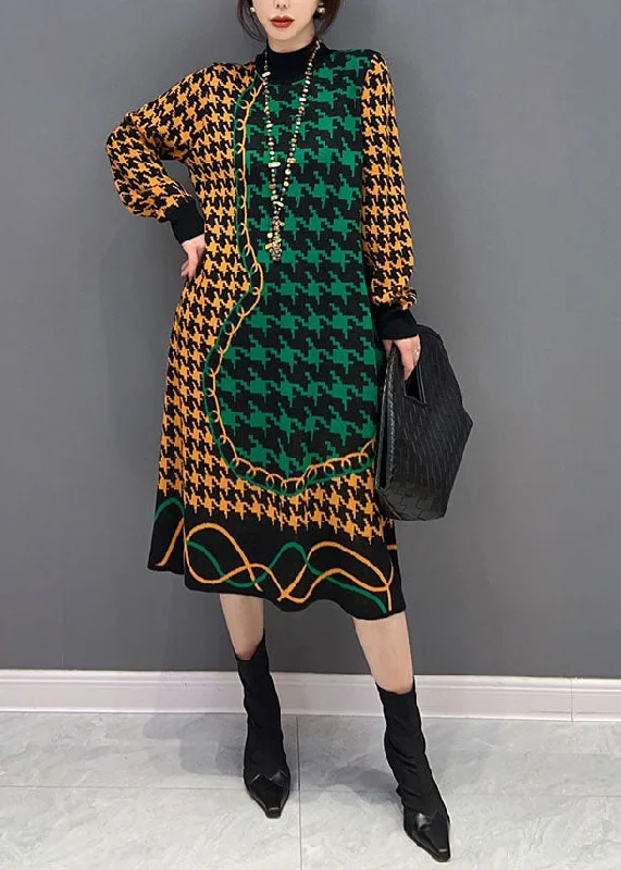 Women's Evening Clothes Pastel Styles Women Colorblock Hign Neck Original Design Plaid Long Knit Dress Winter