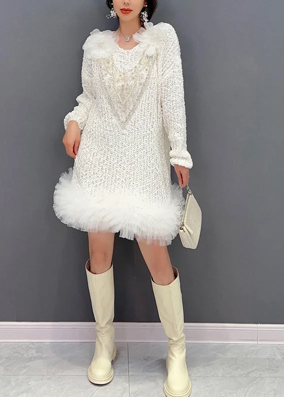 Casual Chic Women's Clothes Latest Fashion Sexy White O-Neck Tulle Patchwork Knit Dress Long Sleeve