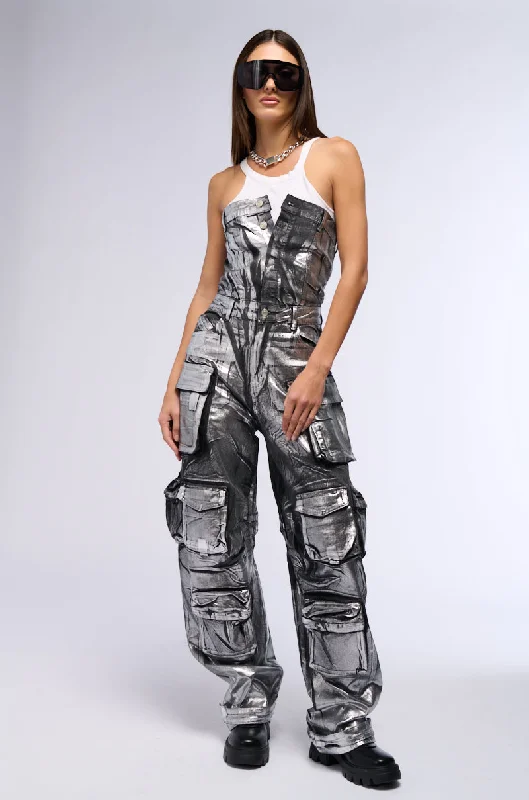 Women's Athletic Outfit Effortless Chic Apparel STAR OF THE SHOW METALLIC DENIM JUMPSUIT