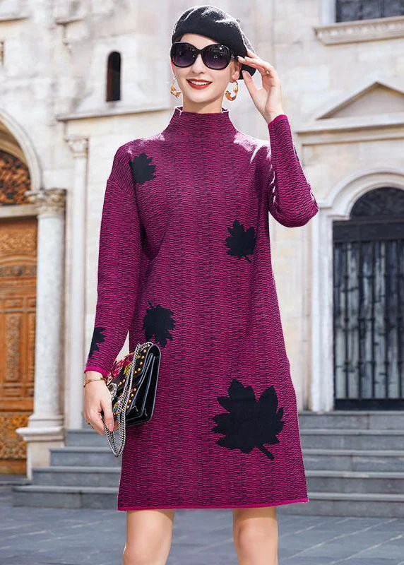 Women's Fashion-Forward Apparel Weekend Exclusive Modern Purple High Neck Maple Leaves Jacquard Knit Long Sweater Winter