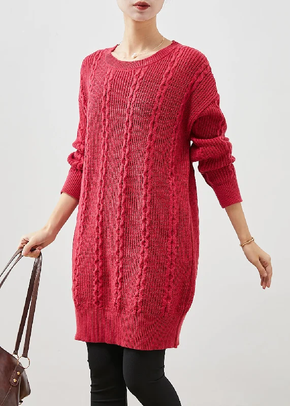 Women's Holiday Attire Mid - Season Sale Plus Size Red O-Neck Warm Cable Knit Dress Winter