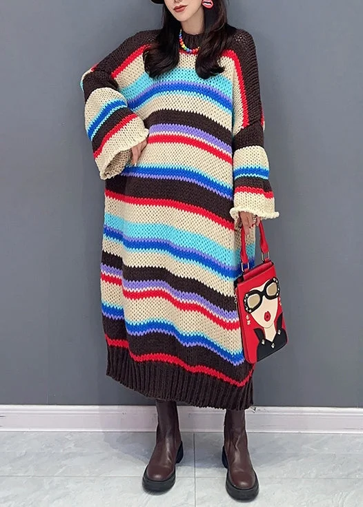 Women's Clothing For Special Occasions Sophisticated Outfits Loose Striped O-Neck Hollow Out Patchwork Knit Dresses Fall