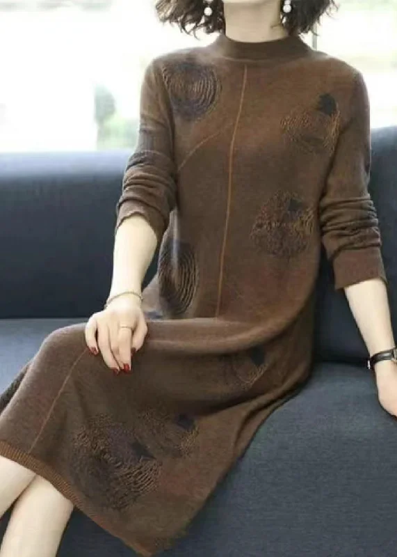 Women's Vintage Attire Big Savings On Rustic Countryside Styles Coffee Cozy Cotton Knit Long Dress Turtleneck Long Sleeve