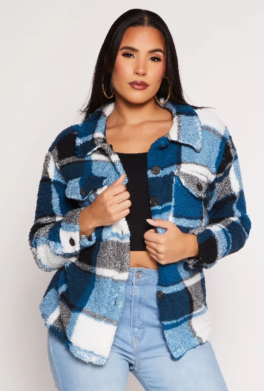 Women's Wardrobe Apparel Feminine Soft - Hued Look Plaid Sherpa Button Front Shacket