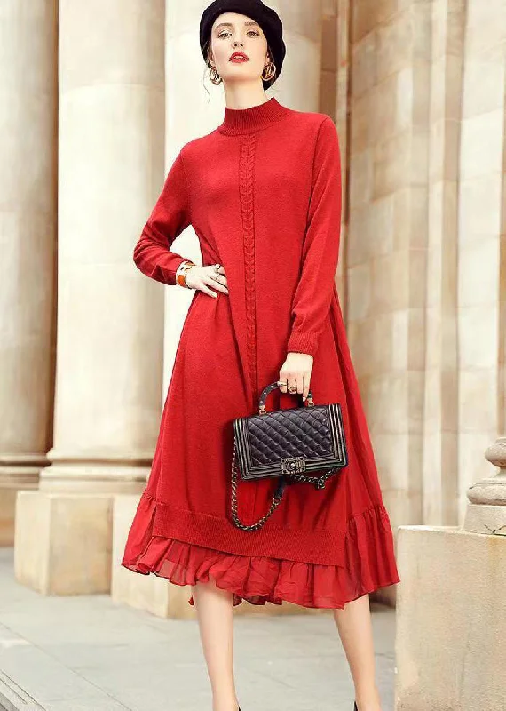 Women's Activewear Outfit Luxe Layering Loose Red Stand Collar Wrinkled Patchwork Woolen Dresses Fall