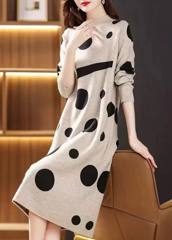 Women's Active Outfit For Fitness Art Deco Geometric Pattern Look Beige Print Patchwork Woolen Long Dresses Stand Collar Fall