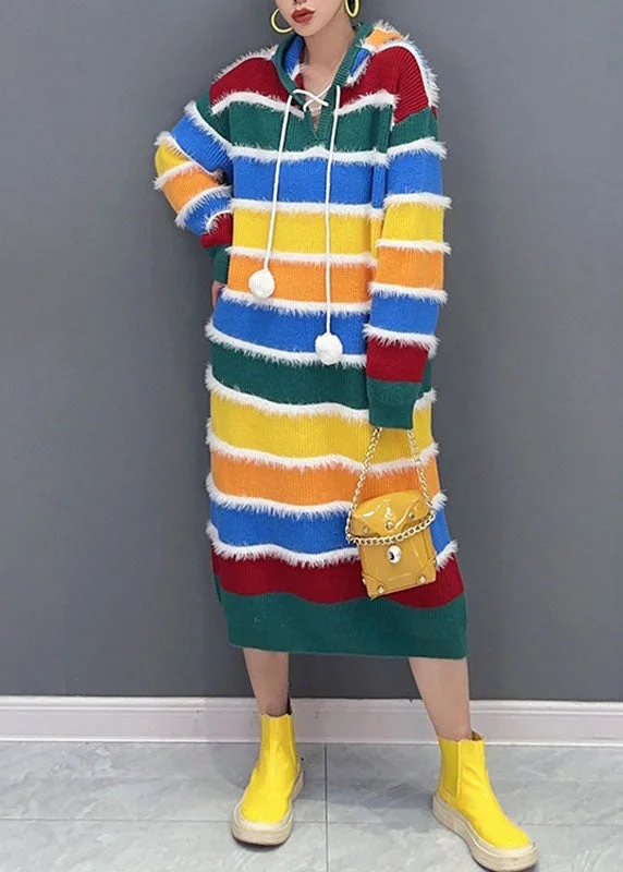 Women's Athletic Garments Wardrobe Essentials Stylish Rainbow Striped Patchwork Hooded Long Knit Sweater Dress Fall