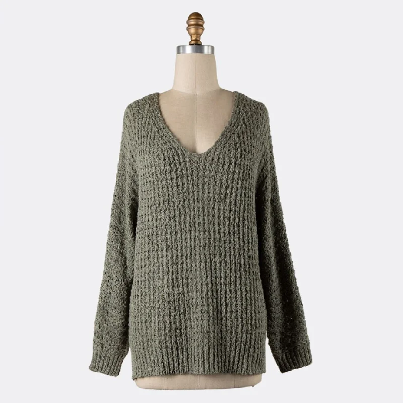 Women's Festive Attire Subtle Sophistication V Neck Ribbed Trim Cable Knit Sweater (Sage)