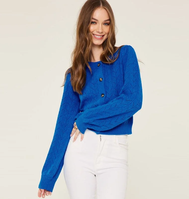 Vintage-Inspired Women's Apparel Great Prices On Feminine Styles Pointelle Knit Cardigan (Brilliant Blue)