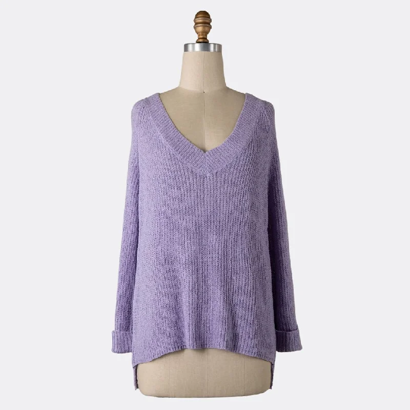 Women's Outerwear Attire Soft Textures V Neck Knit Sweater (Purple)