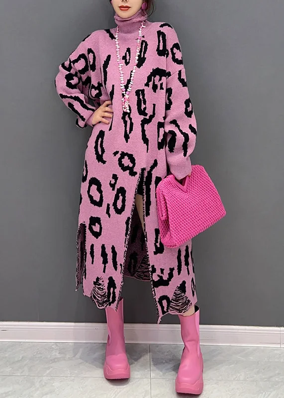 Women's Resort Attire Huge Savings On Parisian Styles Style Pink Leopard Hign Neck Side Open Knit Long Dress Fall