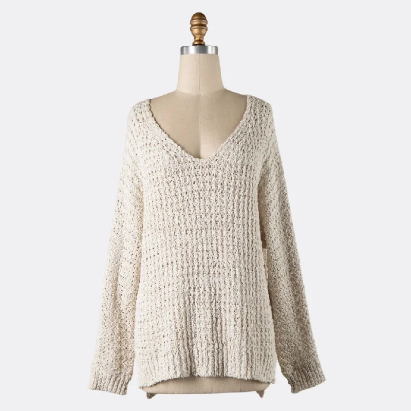 Women's Comfy Attire For Lounging Romantic Detailing V Neck Ribbed Trim Cable Knit Sweater (Ivory)