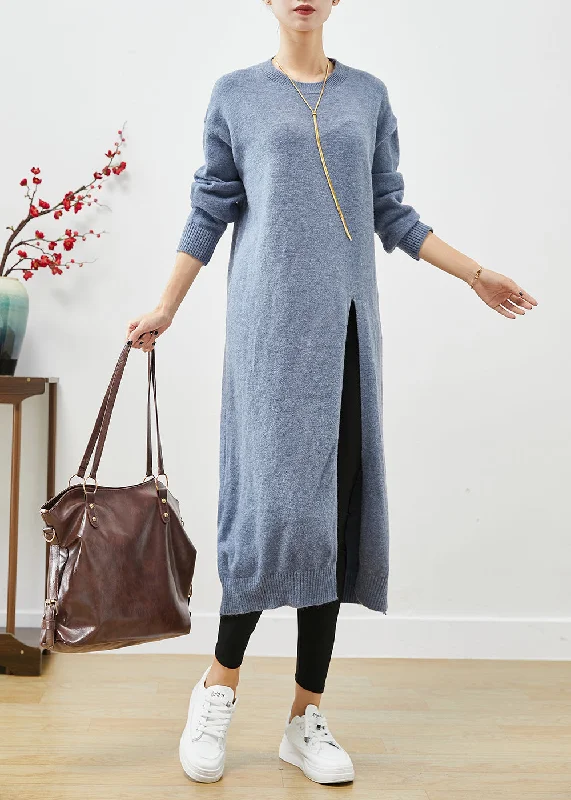 Trendy Athleisure Clothing For Women Refined Look Style Blue Grey O-Neck Side Open Knit Long Dress Fall