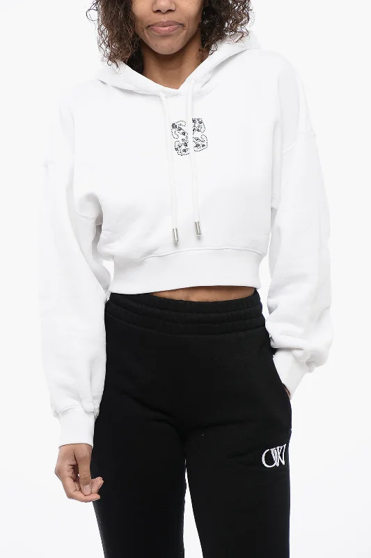 Women's Work Apparel Stylish Looks Off-White Brushed Cotton Cropped Hoodie with Rhinestone Embellished Lo