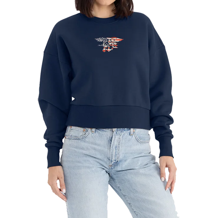 Classic Women's Clothing Styles Rustic Countryside Charm Look Ladies Midnight Navy Red/White/Blue Trident Flag Heavyweight Sweatshirt