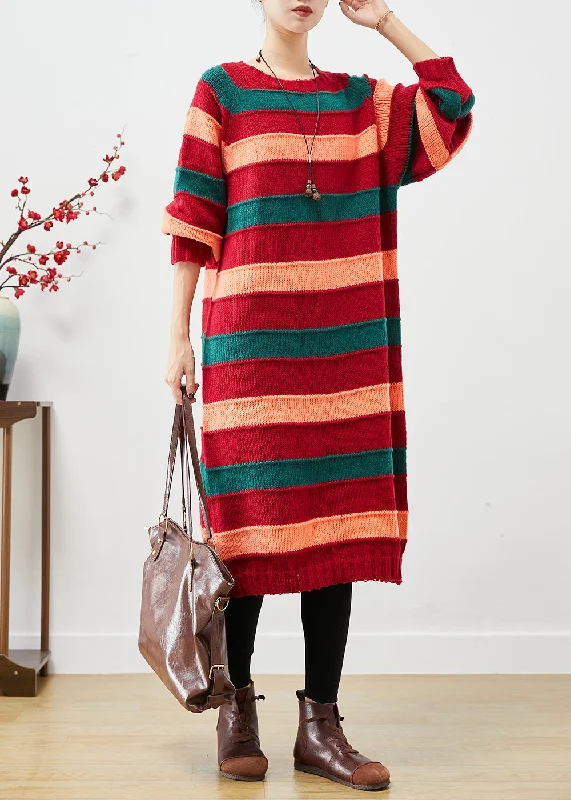 Stylish And Comfortable Clothing For Women Polished Finish French Colorblock Oversized Striped Knit Sweater Dress Fall