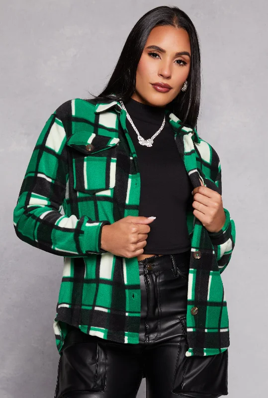 Women's Athleisure Apparel Limited - Edition Drops Fleece Plaid Button Front Shacket