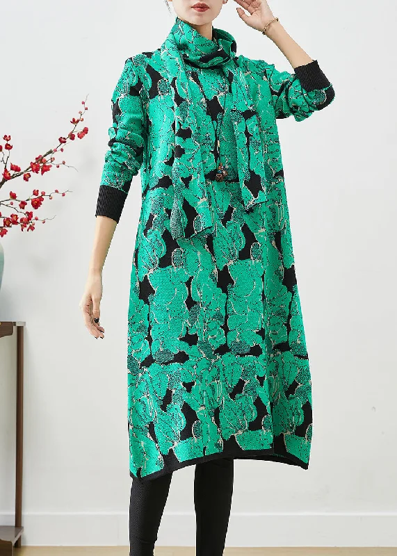 Casual Chic Clothing For Women Elegant Ensemble Stylish Green Print Give Scarf Knit Vacation Dresses Fall