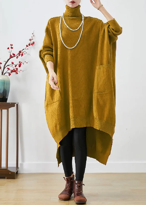 Women's Clothing With Trendy Designs Chic Sophistication Yellow Oversized Knit Sweater Dress Turtle Neck Asymmetrical Batwing Sleeve