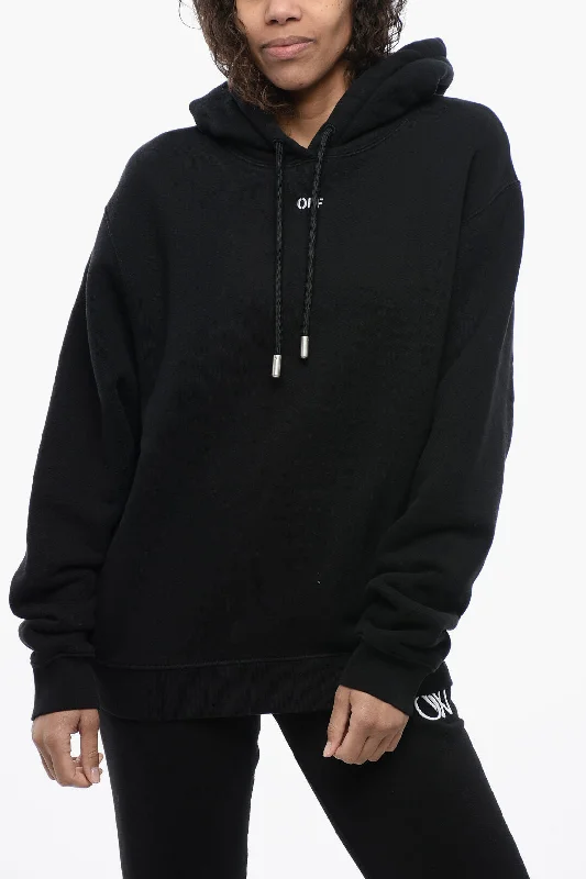 Women's Stylish Casual Garments Fashion-Forward Off-White Brushed Cotton Hoodie Embroidered On The Back