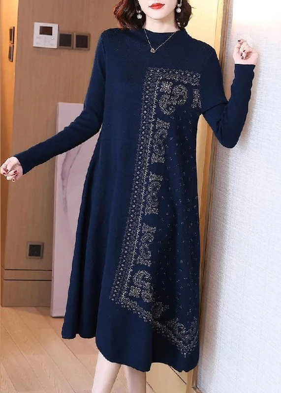 Plus-Size Women's Clothing Vibrant Styles Blue Print Wool Maxi Dresses High Neck Oversized Spring