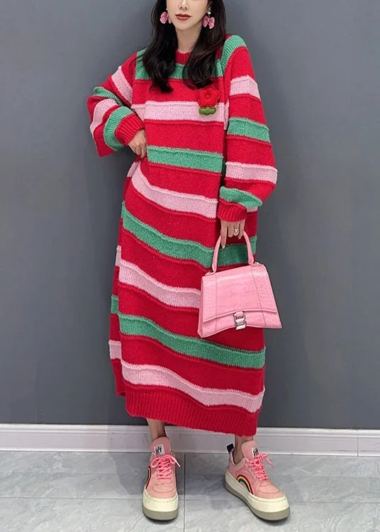 Women's Clothing For Holiday Travel Formal Outfit Italian Red Striped O Neck Patchwork Cotton Knit Dresses Fall