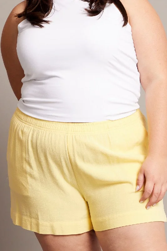 Women's Casual Attire Seasonal Picks Yellow Elastic Waist Lined Linen Blend Shorts