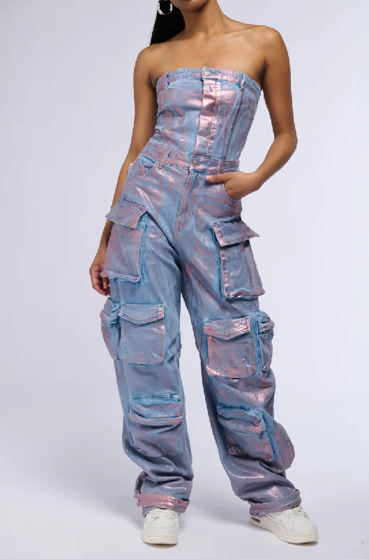 Women's Stylish Outdoor Outfit Fashion Sale STAR OF THE SHOW METALLIC DENIM JUMPSUIT IN ROSE GOLD