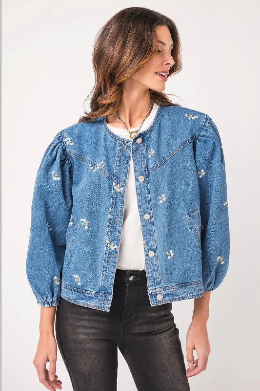 Women's Casual Wear Clothes Wardrobe Update Heyson Embroidered Denim Jacket with Puff Sleeves