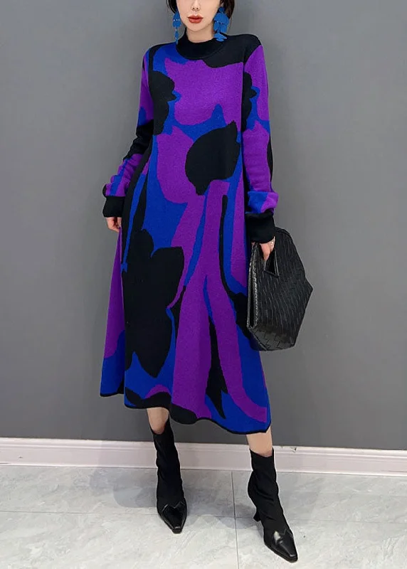 Women's Vacation Clothes Wardrobe Refresh Stylish Purple Hign Neck Print Thick Knit Sweater Dress Winter