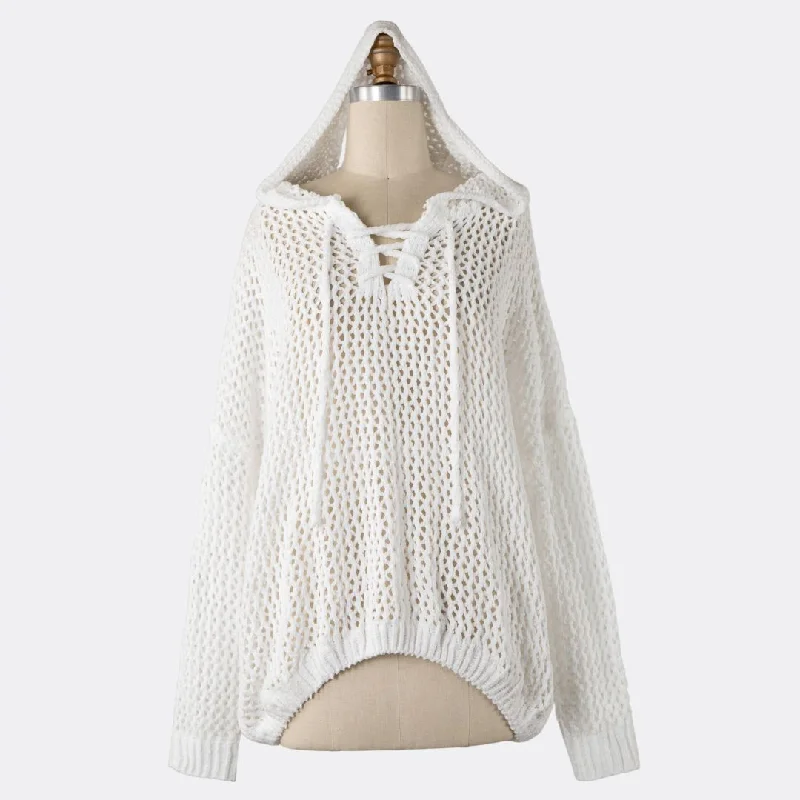 Women's Timeless Attire Seasonal Trend Lace Up Open Cable Knit Chenille Hoodie Sweater (White)