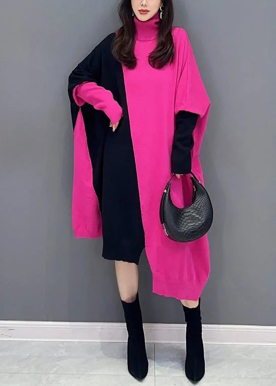 Women's Vintage-Inspired Outfit Hollywood Glam Award - Show Style Casual Rose Turtleneck Asymmetrical Patchwork Cotton Knit Long Dress Fall