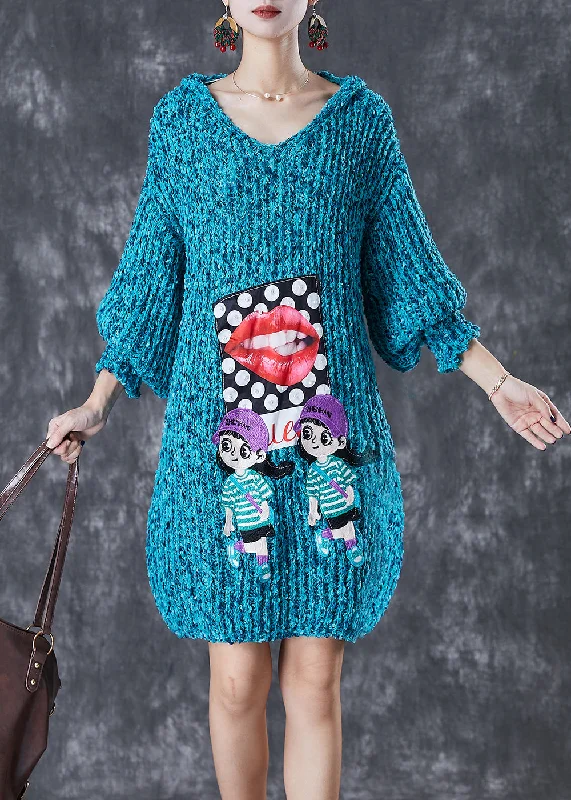 Comfortable Garments For Women Special Offer Modern Blue Hooded Character Applique Knit Sweater Dress Fall