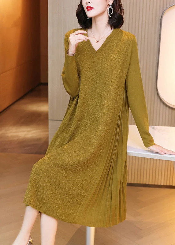 Women's Clothing For Work Bold Fashion Loose Yellow V Neck Patchwork Wrinkled Jacquard Knit Maxi Dresses Spring