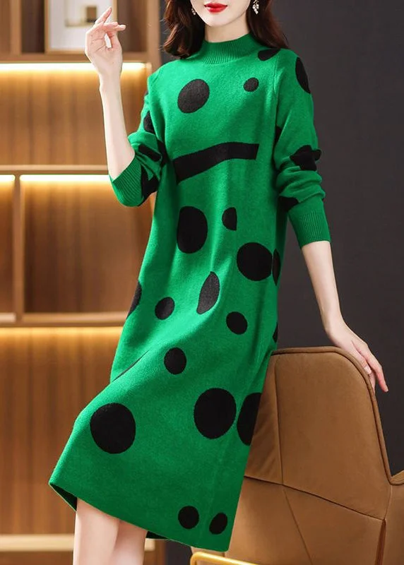 Women's Relaxed Outfit Alluring Design Green Dot Print Patchwork Knit Sweater Dress Turtleneck Long Sleeve