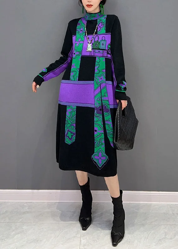 Women's Clothes For Outdoor Events Exclusive Sale Natural Purple Hign Neck Print Patchwork Knit Dresses Winter