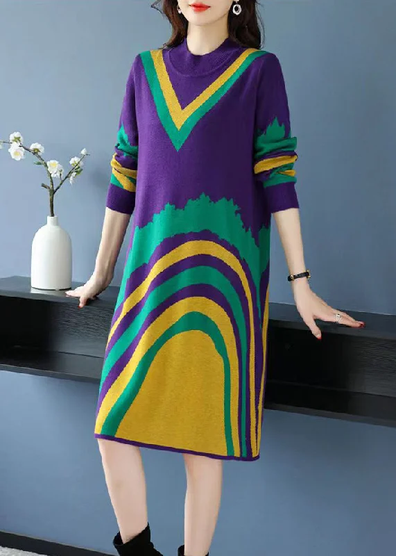 Women's Elegant Garments Spring Wardrobe Loose Purple Print Cozy Knit Mid Dress Long Sleeve