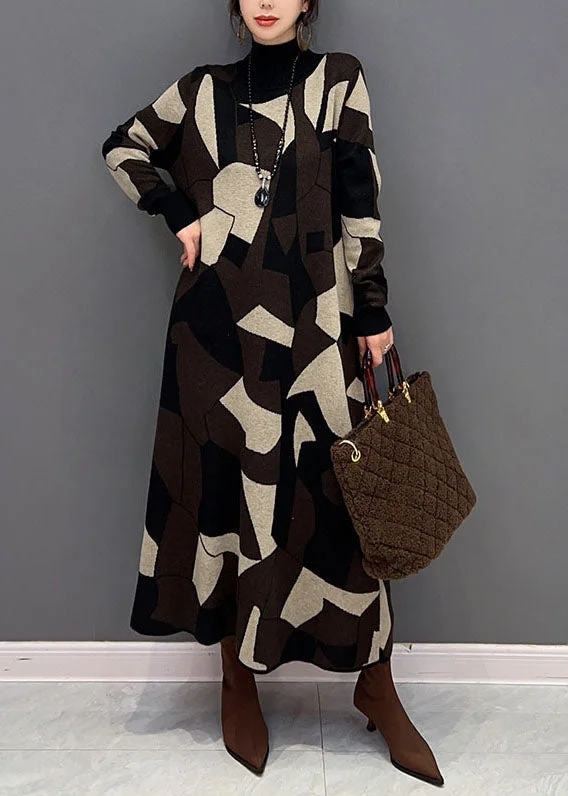 Affordable Women's Clothing Trend Alert Fashion Chocolate Hign Neck Geometric Print Knit Sweater Dress Winter