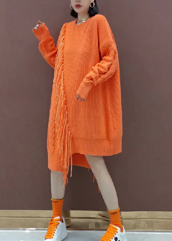 Women's Activewear Garments Pastel Styles Plus Size Orange Tasseled Patchwork Knit Knit Sweater Dress Winter