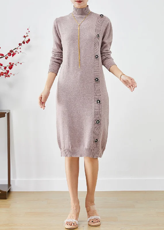 Women's Work Outfit For The Office Ethnic Cultural Event Wear Elegant Light Purple High Neck Button Knit Sweater Dress Fall