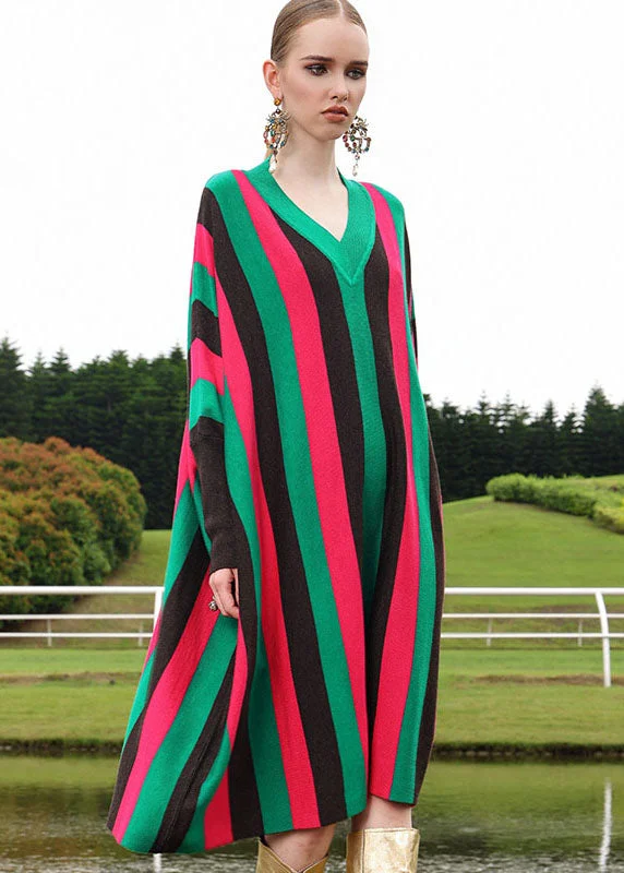 Stylish Women's Attire Great Deals On Ethnic Cultural Wear Fine Red V Neck Striped Woolen Long Sweater Dress Long Sleeve