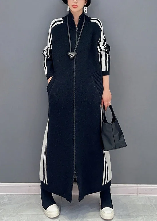 Women's Stylish Outdoor Outfit Nordic Minimalist Home Look New Black Striped Zip Up Pockets Cotton Knit Long Dress Fall